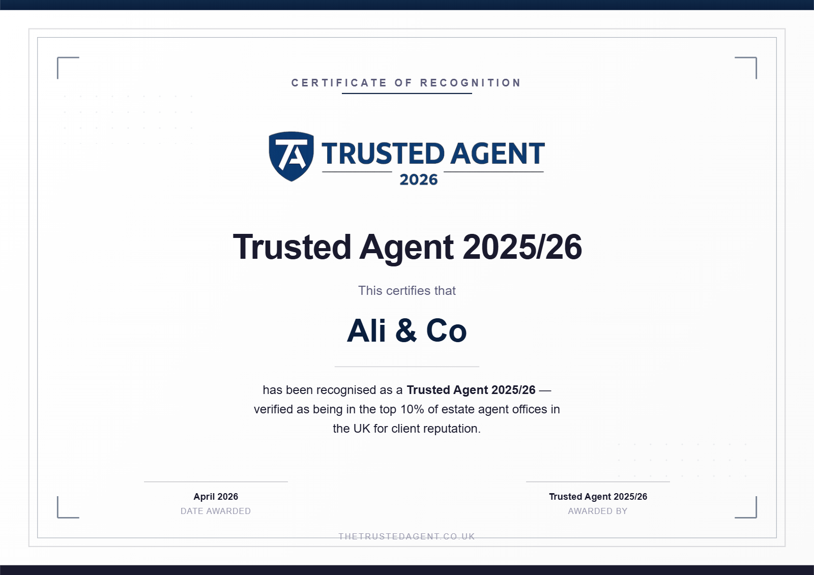 Ali & Co recognised as a Trusted Agent 2025/26